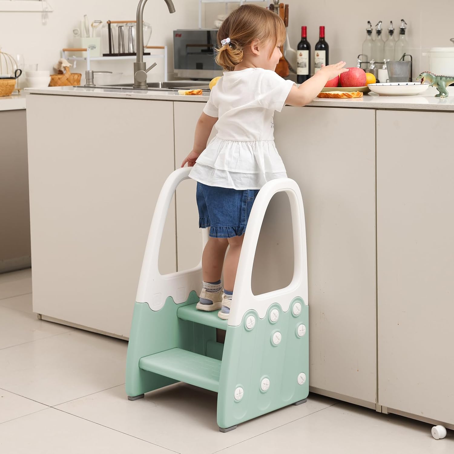 Two Step Stool with Handrails for Toddler and Kids, Standing Learning Stool Tower for Bathroom Sink, Potty Training, Children Step Up Learning Helper with Handles (Green-White)