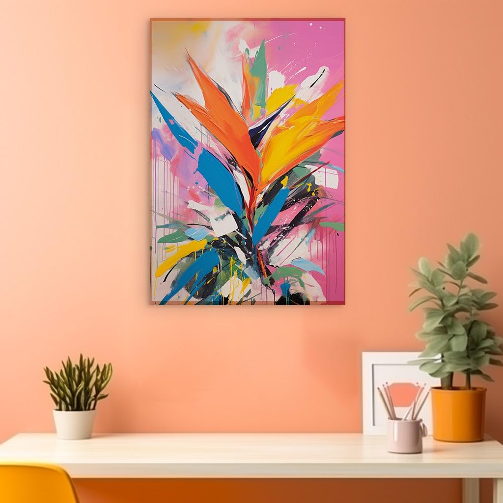 Canvas for Living Room. Vibrant Abstraction in Bloom: A Vivid Dance of Colors Capturing The Essence of The Bird of Paradise Flower, 27 x 18 inch Canvas Wall Art - Ready to Hang