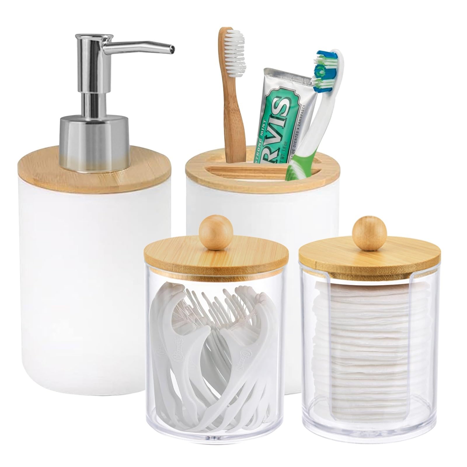 Set Dispensador Jabon Baño Juego de baño con dispensador de jabón, Soporte for Cepillo de Dientes y Caja de algodón for decoración del hogar, Caja de Almacenamiento(White)