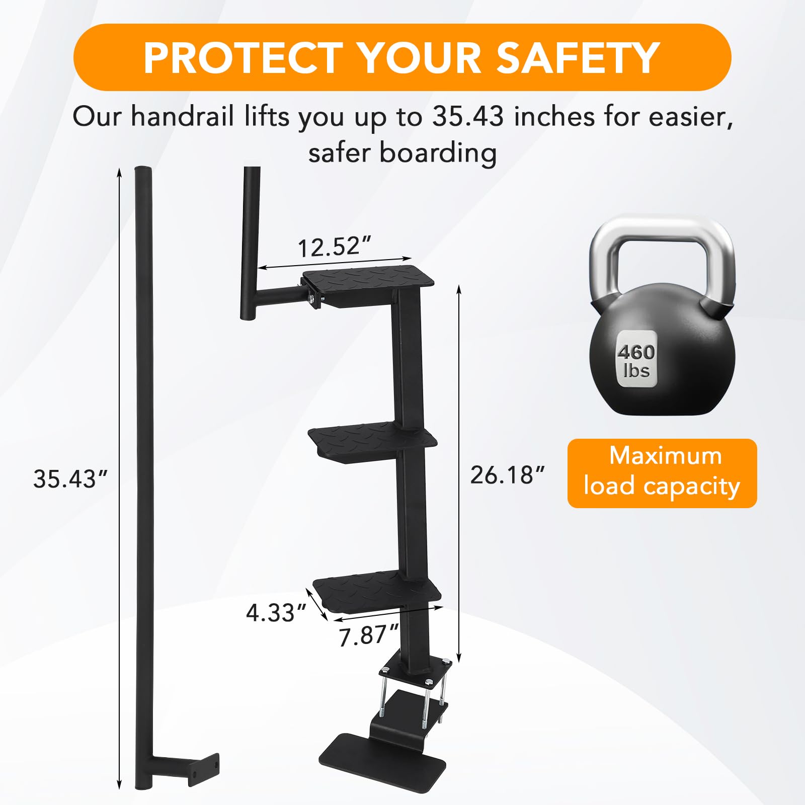 Garvee Bootstrailer Treppe Aus Metall, 3 Stufen Bootstreppe Mit Handlauf, Robuste Trailer Einstiegshilfe Mit Bodenstufe, Schwarz, Für Boot & Anhänger