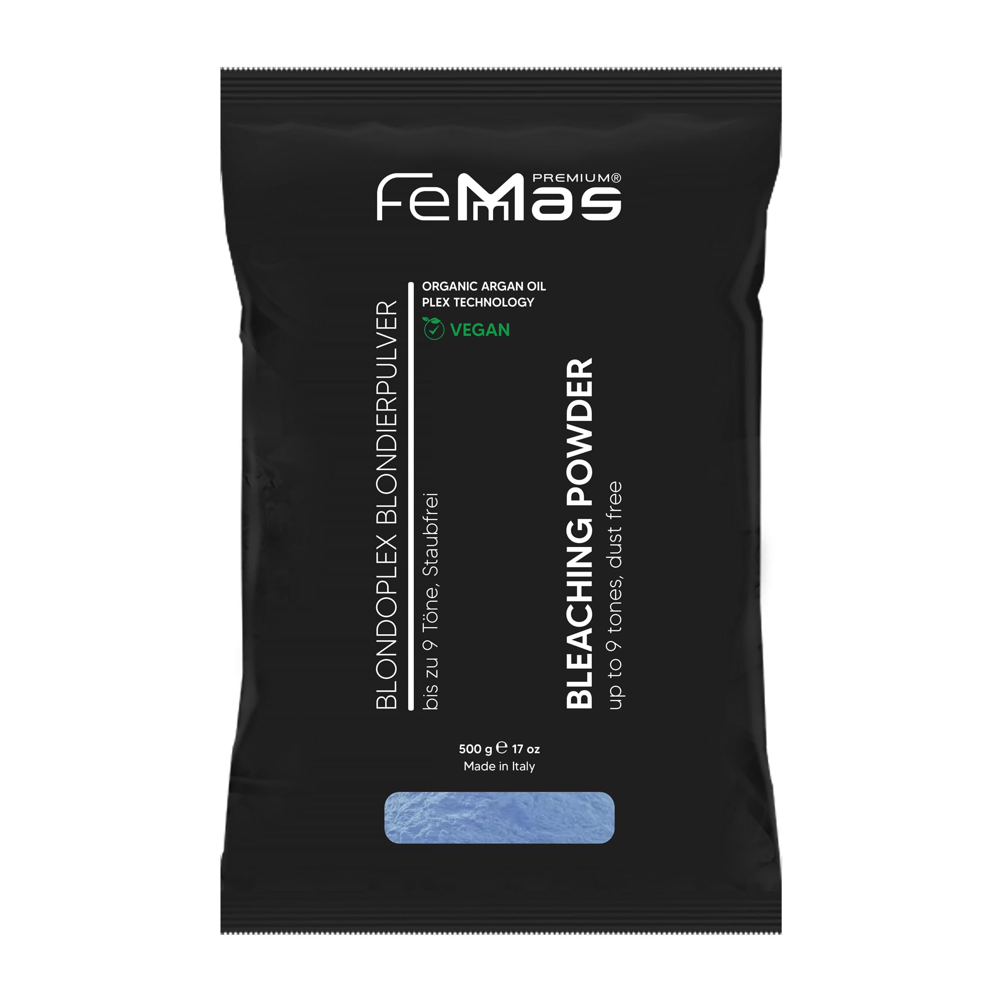 FemMas Niebieski proszek wybielający 500 g I Proszek wybielający z technologią Plex i jednorodnym rozjaśniającym olej arganowy I Ultra mocny i bezpyłowy I Hair Bleach do rozjaśniania do 9 odcieni
