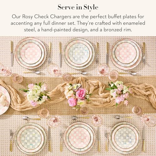 Image of MACKENZIE-CHILDS Enamel Charger Plate, Charger Decoration for Dinner Plates or Home Decor, 12 Inches, Pink-and-White Rosy Check, Set of 4