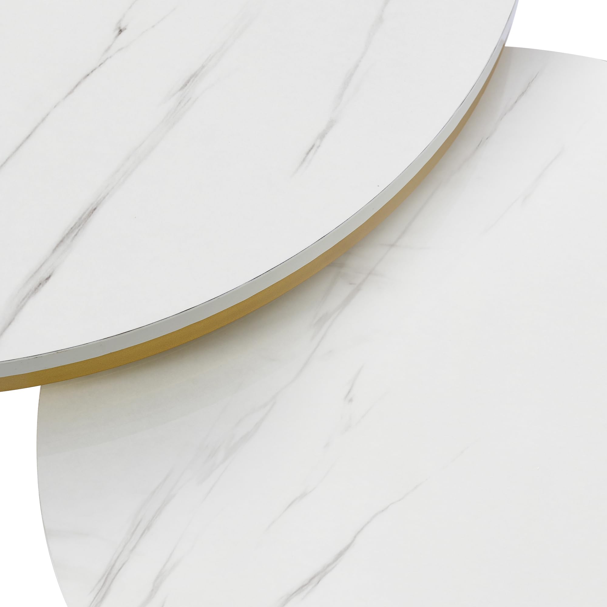 Merax Lot de 2 tables basses rondes, table d'appoint moderne pour salon avec tiroir, piétement en métal doré, motif marbre, tables de canapé pour chambre, balcon, bureau, Blanc