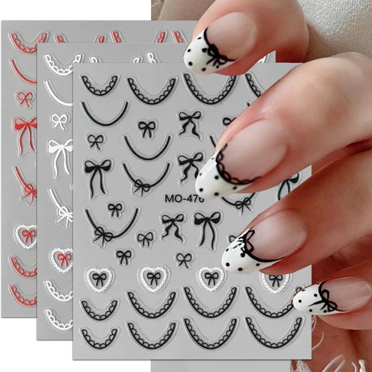 French Tip Nail Stickers Bow Nail Decals 3D Bow-Tie Nail Art Stickers Lace Bow-Knot Design Nail Art Supplies Manicure Slider Accessories Acrylic French Stickers for Women DIY Nail Art Decorations 3PCS