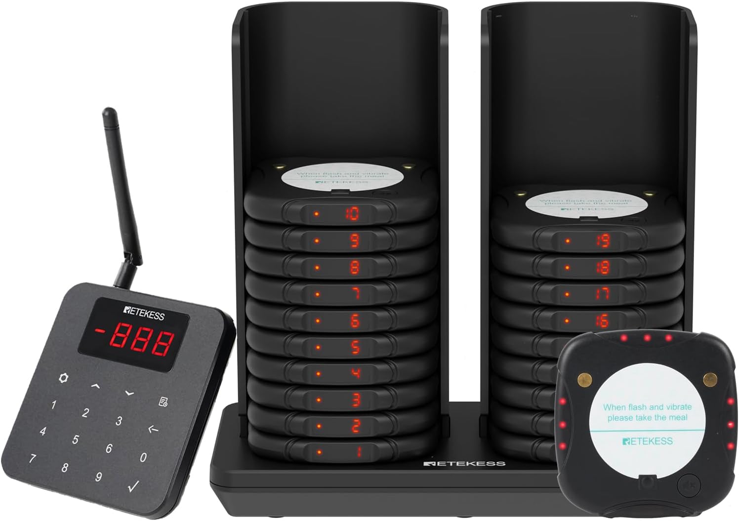 Retekess TD186 Pager Call System, Pager Catering, 600 m Range, Anti-Dumping Design, One Button Mute Switch, 64 Prompt Modes, 20 Pagers for Food Trucks, Hotels, Churches and Bars