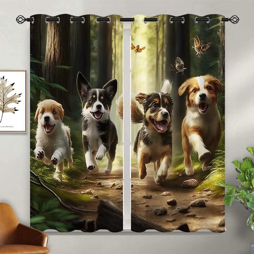 Cute Dog Blackout Curtains for Girls Boy Home Decor, Funny Animal Play Pug Lovely Puppies Forest Grommet Thermal Insulated Drapes Darkening Window Curtain for Bedroom Living Room, 55 x 63 Inch