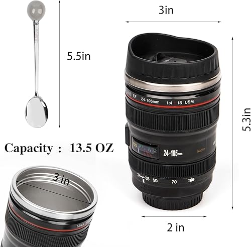 Miniatura 10 de Taza de café con lente de cámara, taza de café de viaje, taza de lente de acero inoxidable, termo con tapa y cuchara, regalos geniales para