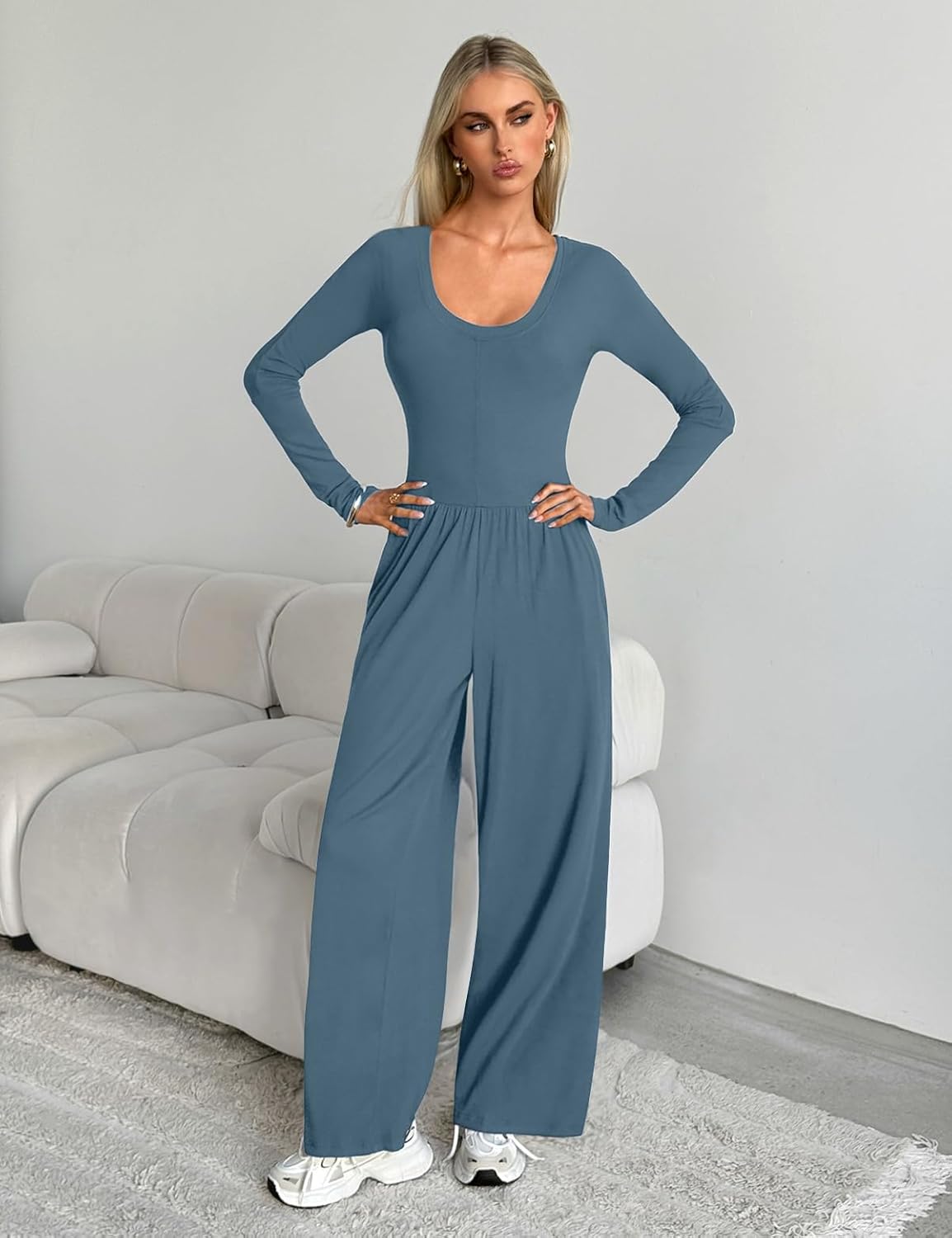 UNIANKIYA One Piece Jumpsuits for Women Casual Long Sleeve Overalls Dressy Rompers Wide Leg Pants Jumpers Vacation Outfits - Image 4