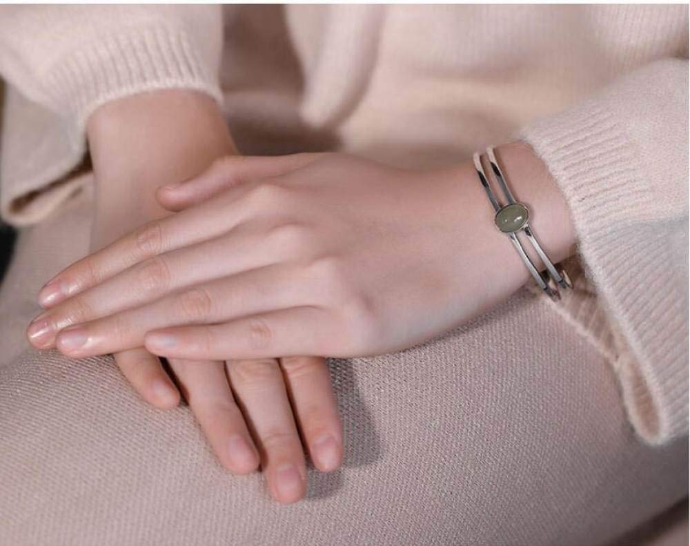 S925 Vintage Pulsera De Plata para Mujeres Hombres Oval con Incrustaciones De Jade Apertura Simple Y Sencillo Estilo Chino Personalidad Creativa Encanto Hermoso Regalo