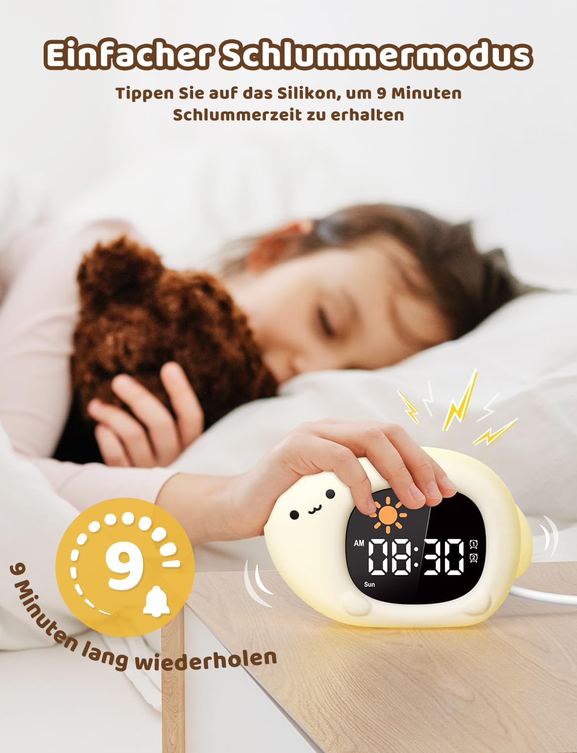 YISSVIC Lernwecker für Kinder, Tag und Nacht, 2 Alarme, 3 Weckzeiten, 12/24 Stunden, Snooze, 10 Lieder, Helligkeit des Displays, verstellbar, Lichtwecker, 7 Farben, automatische Abschaltung in