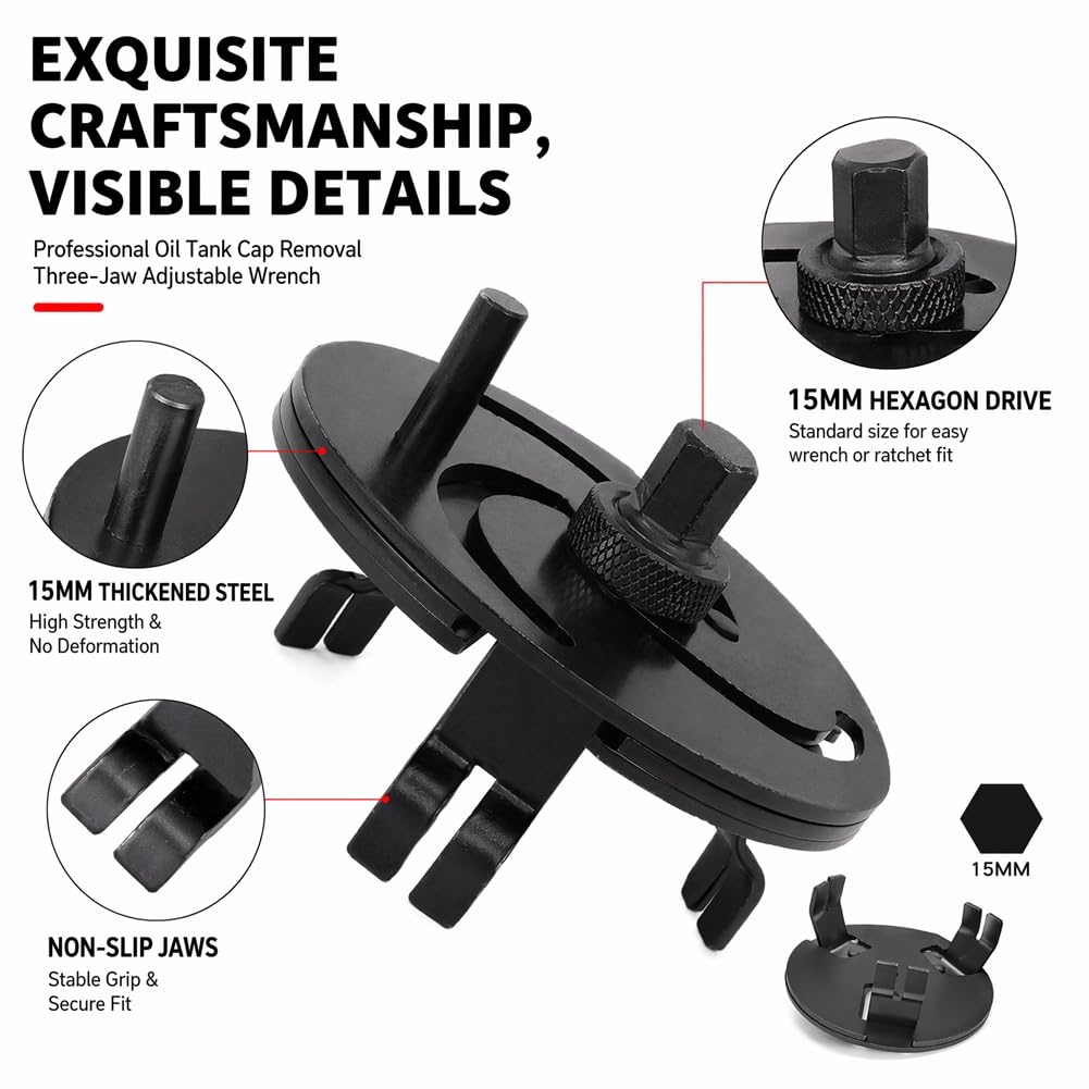 CEWROM Universeller Tankdeckelschlüssel, 3-Backen, Verstellbarer Kraftstofftankdeckelschlüssel, Werkzeug für Entfernen der Kraftstoffpumpenabdeckung, Autoreparatur, Autozubehör, 87 mm - 170 mm