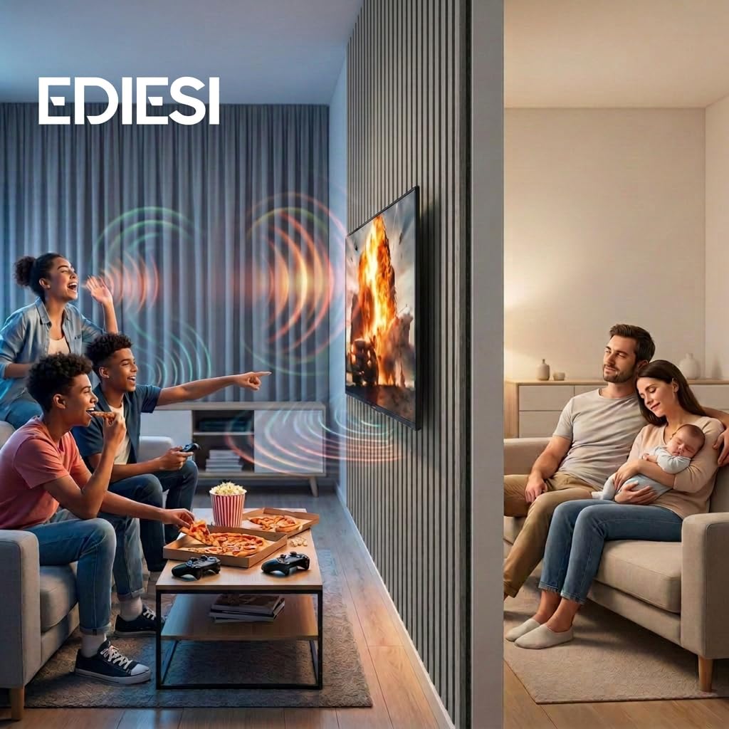Ediesi, Paneles Acusticos Decorativos 120x60 cm, Revestimiento de Pared en Madera con Listones, Aislante de Ruido, Diseño Moderno para Salon, Oficina o Estudio (Gris, 4 Unidades)