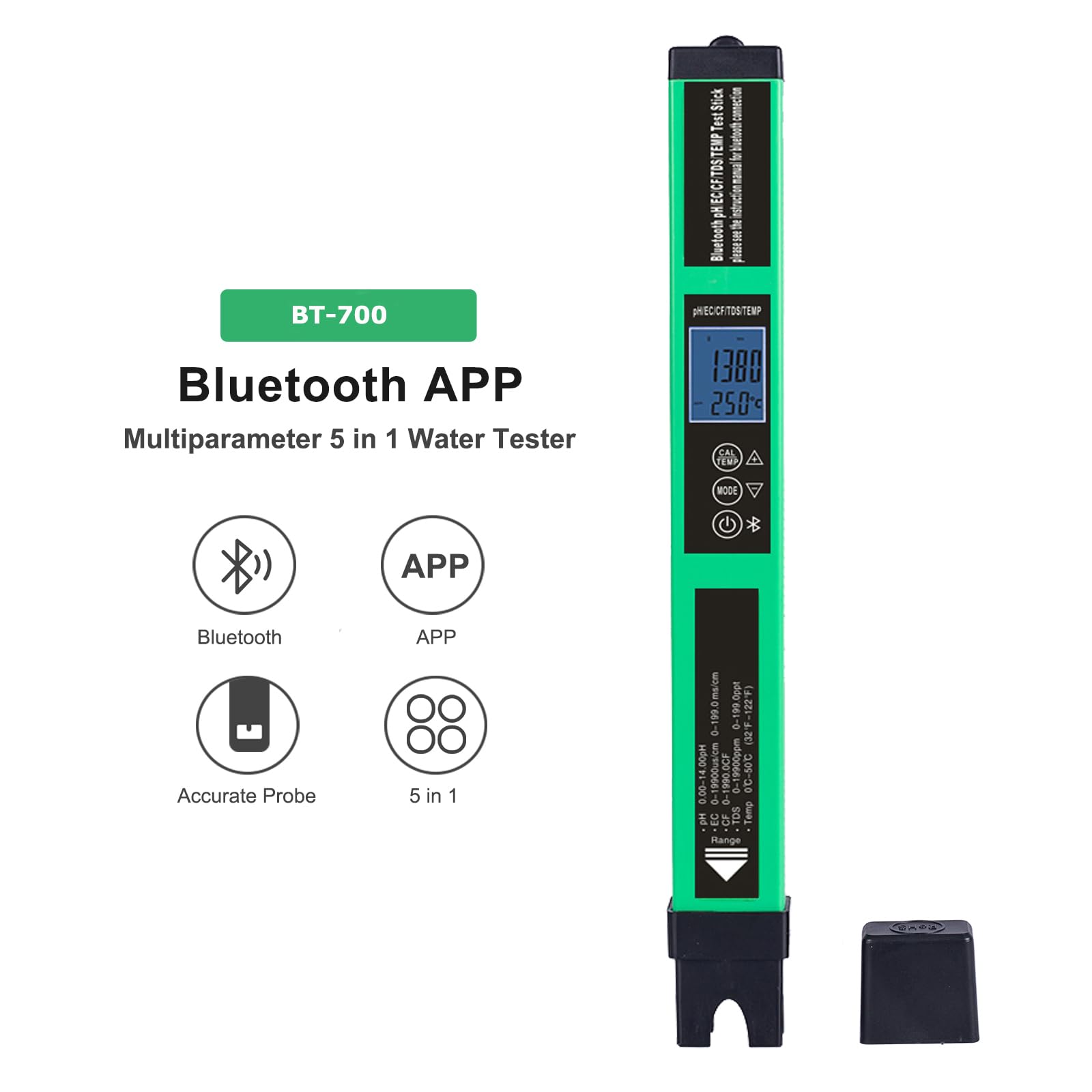 Misuratore di pH digitale 5 in 1 Tester di qualità dell'acqua Smart BT Tester di pH/EC/TDS/CF/Temp per acquario idroponico con acqua potabile