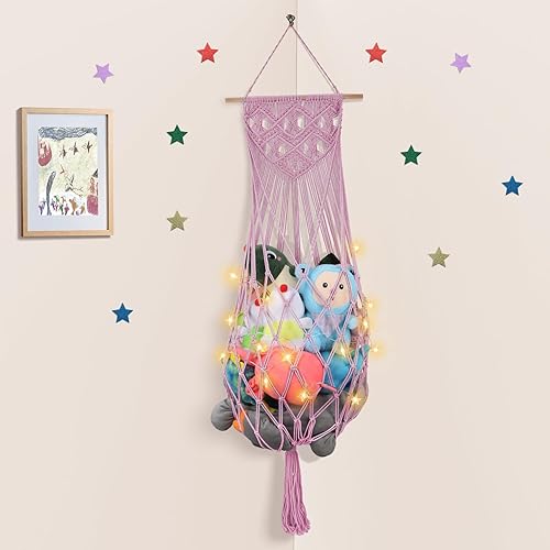 Miniatura 10 de Hamaca de almacenamiento de animales de peluche, soporte de pared con borlas bohemias, organizador de red colgante para guardería, habitación de