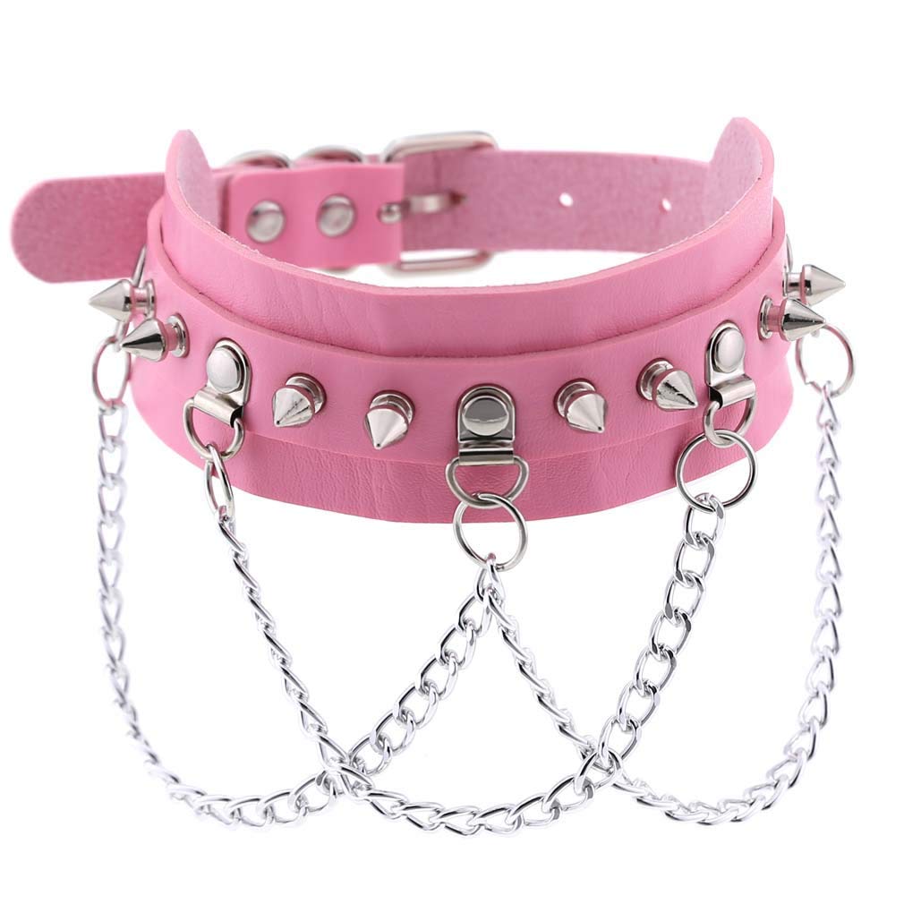 Leather Choker Collar Necklace, Heart Shape Gothic Punk Rock Choker Necklace Collars: Pink Heart Chain