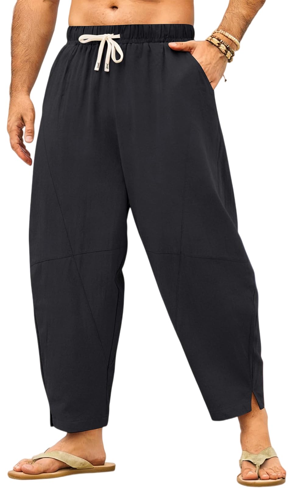 Pantalón de Lino y Algodón para Hombre Harén Curvo Bolsillos Baggy Casual Tiro Bajo Streetwear Verano