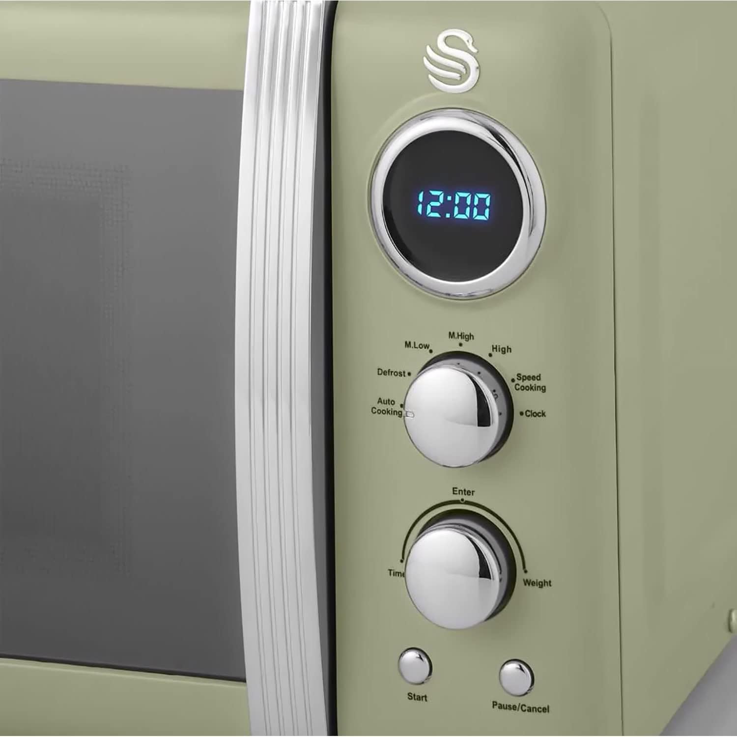 Swan Retro SM22030GNEU Microonde Digitale 20L, 5 Livelli di Potenza, Funzione di Scongelamento, Timer 60 Minuti, Porta Effetto Specchio, Piatto Girevole 27 cm, Design Vintage, Verde