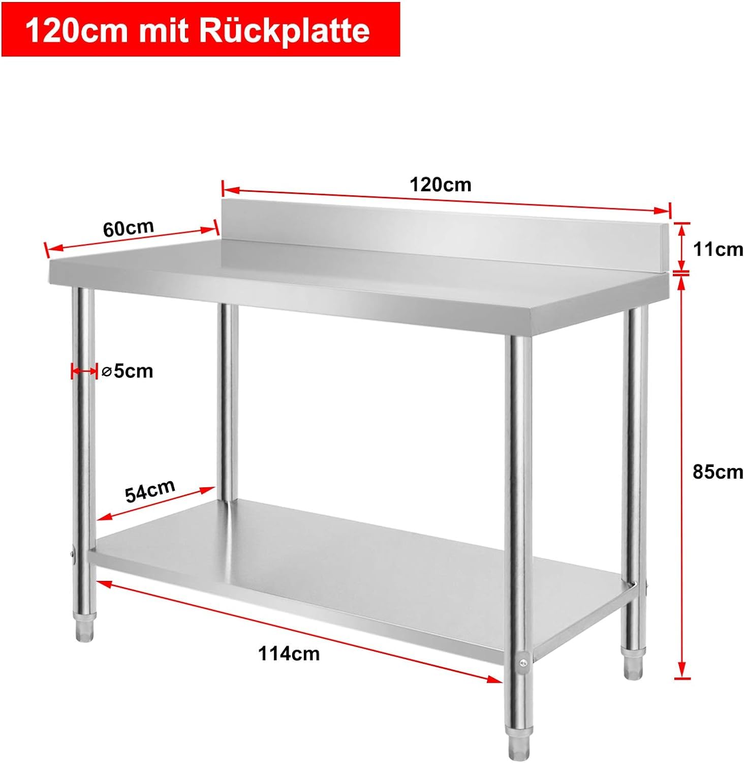 ACXIN Edelstahl Arbeitstisch Küchentisch Zerlegetisch mit Höhenverstellbar Füße und Großer Unteren Ablage Küche Bar Arbeitstische für Lebensmittelzubereitung 120 x 60 x 85cm, Silber (mit Aufkantung)