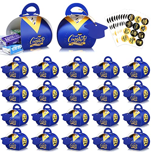 Spakon 50 Pcs Graduation Cap Gift Box Graduation Party Favor Boxes Class of 2025 Candy Boxes Gown Blue Treat Box with Grad Cards Stickers Table Centerpieces for School Grad Party Supplies