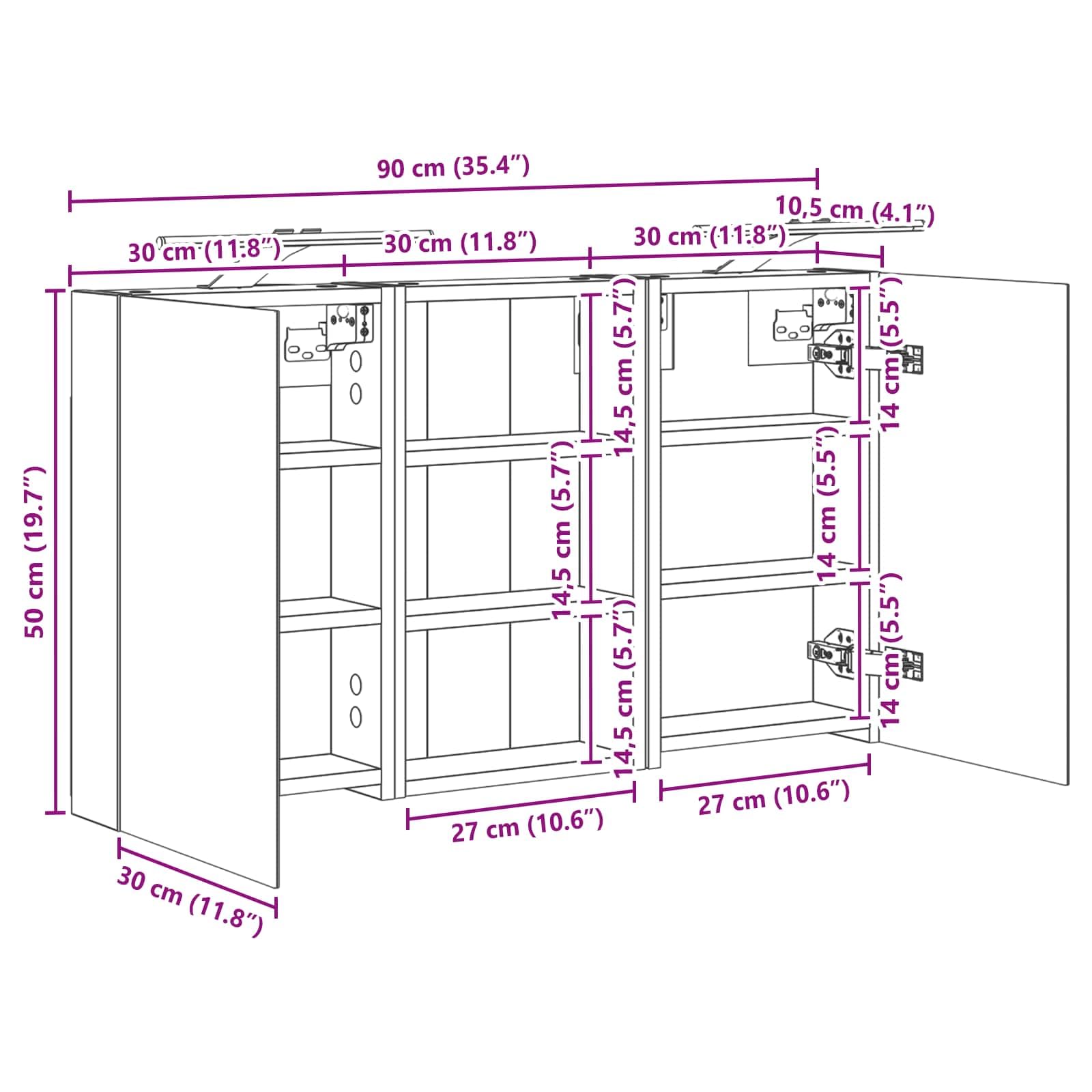 Set di armadietti da bagno in legno, 3 pezzi, 90 x 10,5 x 50 cm, con montaggio a parete e illuminazione a LED, specchio bidirezionale, con ripiani, salvaspazio per mobili da bagno e