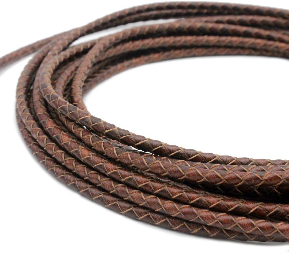 5 Yards 4mm Braided Leather Cord Round Leather Strap for Bracelet Making Bolo Tie Distressed Brown