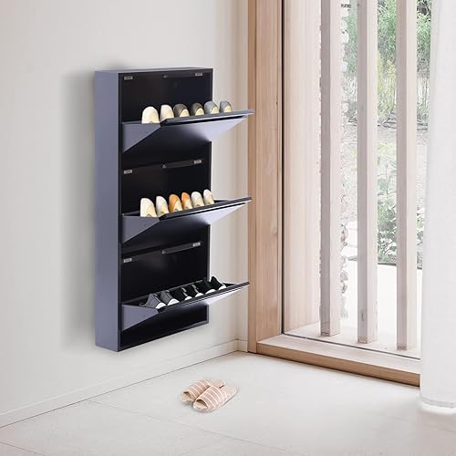 Gdrasuya10 Gabinete de zapatos de pared gris sin montaje, zapatero de metal con 3 cajones, organizador de zapatos, gabinete de pared, diseño moderno