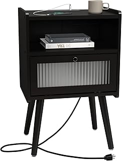 SOOWERY Mid Century Modern Nightstand with Charging Station, Bedside Tables with Glass Decorative Door, End Table Side Table with 2 Tiers Storage Space, for Bedroom, Living Room, Black