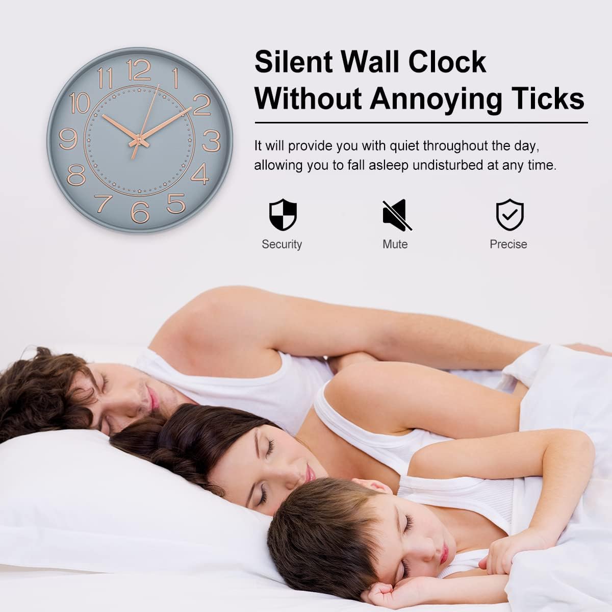 Silent Wall Clock without annoying ticks, shown with a sleeping family