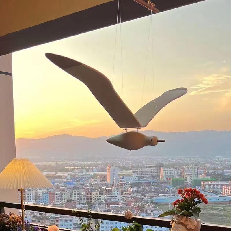 Soaring Seagulls Hanging Mobile Wing Wood Flying Seagull Decor Ceiling Creative Pendant Unique Home Nautical Wall Outdoor Decoration Mediterranean Festival Window Balcony Garden Wooden Model Ornament