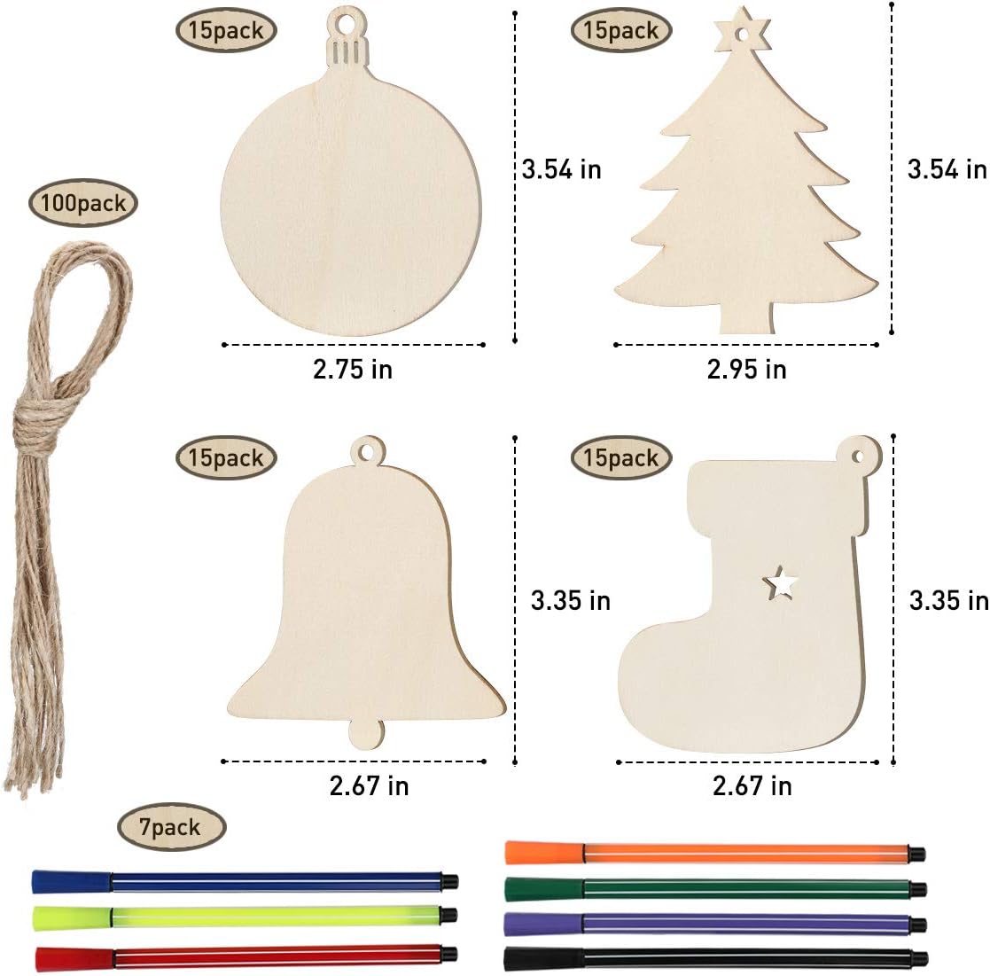 Wooden Christmas Ornaments Unfinished, Kids Unpainted Christmas Crafts Cutouts 102pcs, DIY Blank Predrilled Wood Slices for Holiday Hanging Decorations