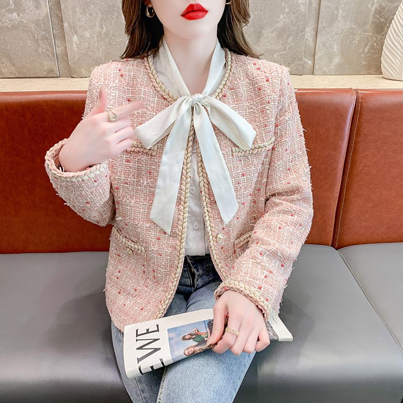 chouyatou Women's Tweed Blazer Jacket Cropped Open Front Collarless Business Casual Plaid Dressy Outfit3