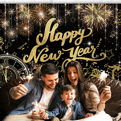 Image of Happy New Year Backdrop,7x5FT 2026 Black Happy New Year Backdrop Party Decor New Year Banner New Year Eve Party Backdrop Supplies