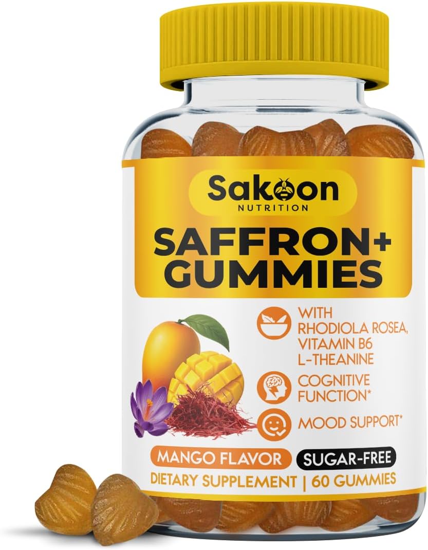 Saffron Gummies for Mood Boost & Stress Relief | Saffron Extract with 150mg Rhodiola Rosea & L-Theanine | Sugar Free Mango Flavor | Focus & Energy Supplement for Women & Men | 60 Count