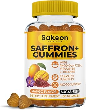 Saffron Gummies for Mood Boost & Stress Relief | Saffron Extract with 150mg Rhodiola Rosea & L-Theanine | Sugar Free Mango Flavor | Focus & Energy Supplement for Women & Men | 60 Count