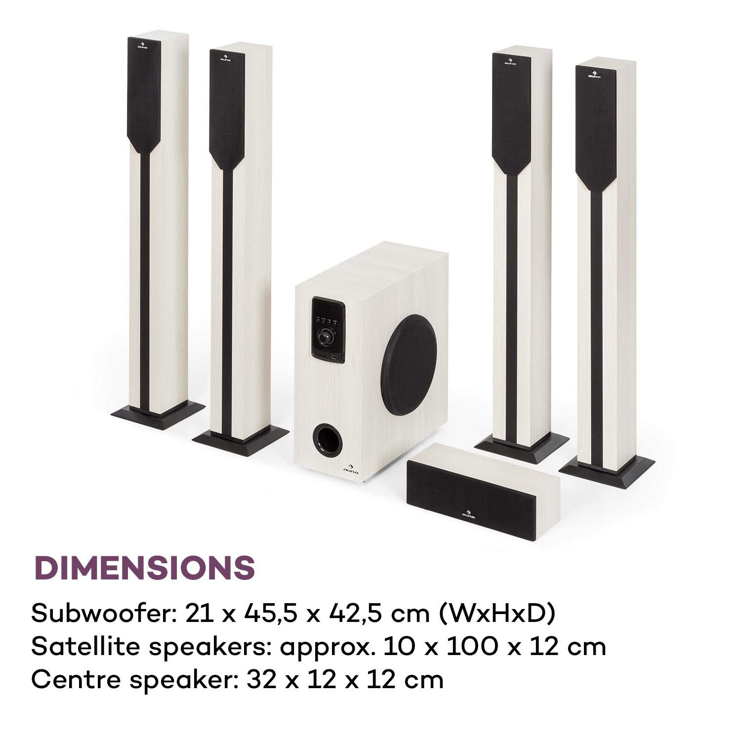 auna Areal Elegance 5.1 Soundsystem - Lautsprechersystem 5.1 Heimkinosystem mit 190 Watt RMS, Heimkino mit 5" Subwoofer, 5 x Satelliten-Lautsprecher (3"+5"), Bluetooth, USB/SD, helle Holzoptik