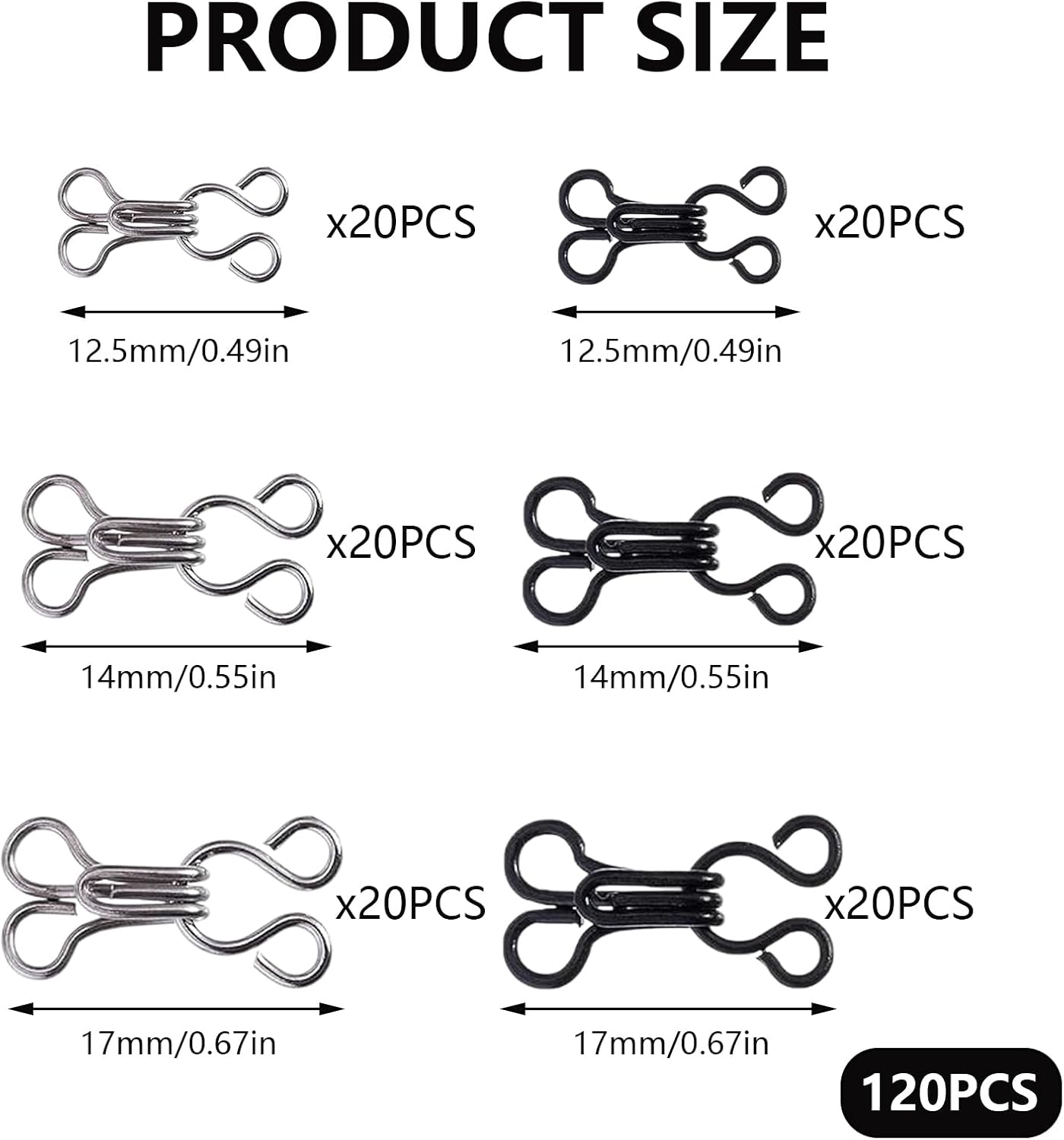 QIYUDA 120 Pcs Hook and Eye Closures for Clothing, Bra Hooks Clasps Replacement Sewing Clips Straps Black and Silver