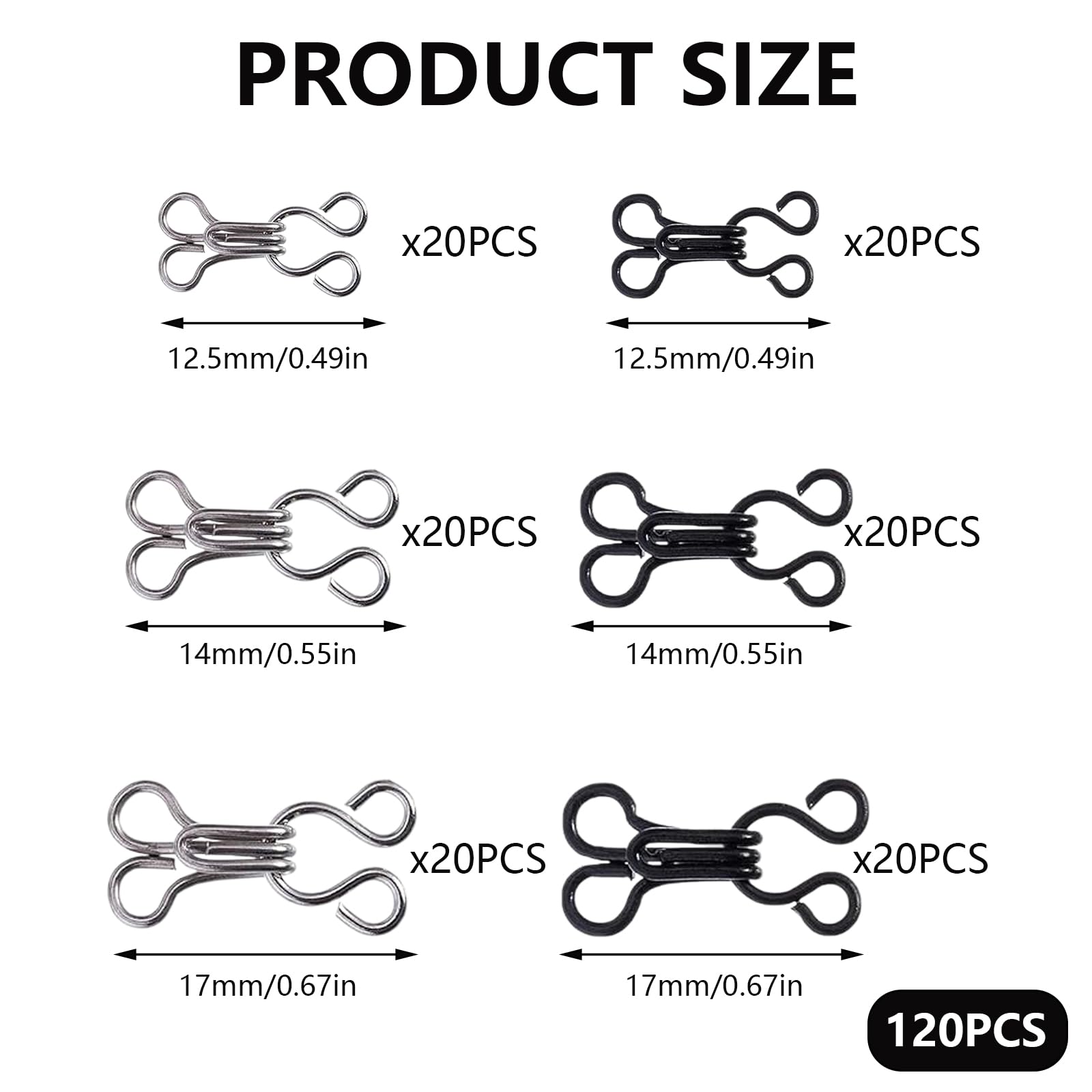 QIYUDA 120 Pcs Hook and Eye Closures for Clothing, Bra Hooks Clasps Replacement Sewing Clips Straps Black and Silver