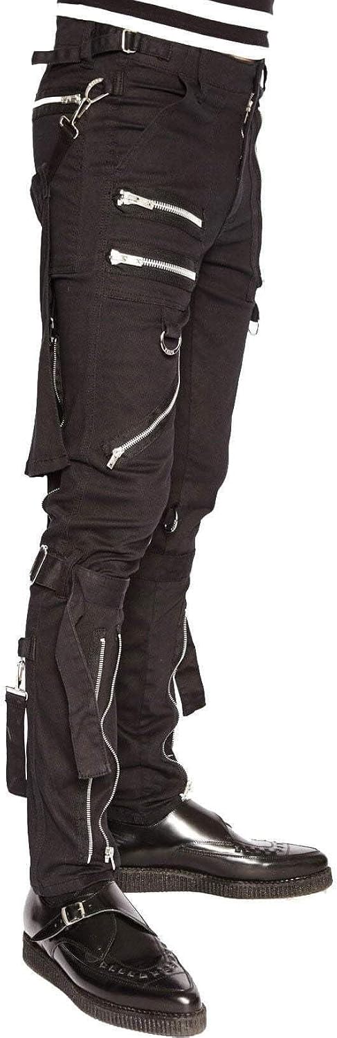 Tripp NYC Men's Black Skinny Bumflap Pants with Exposed Zippers, D-Rings, and Removable Bondage Straps 36