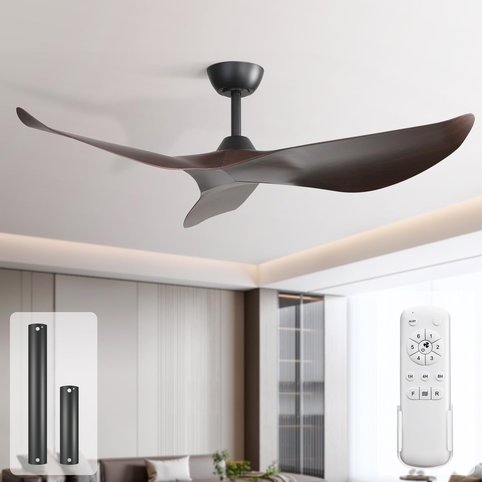 Sofucor Deckenventilator mit Fernbedienung,132cm Leise Deckenventilator ohne Licht, DC Motor, Timer, 3 Flügeln, 6 Geschwindigkeiten, Sommer Winterbetrieb für Schlafzimmer Wohnzimmer
