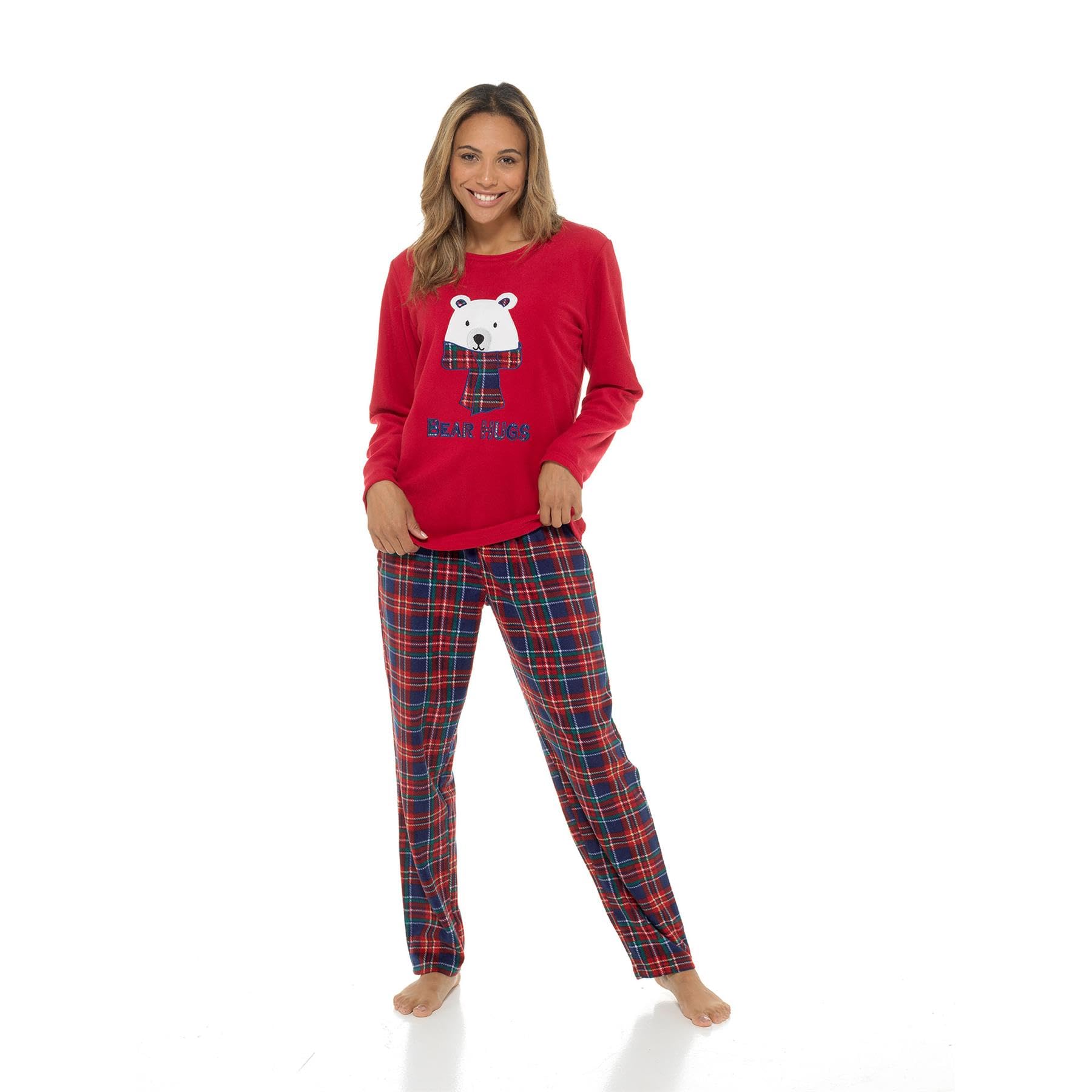 A2z Men's Red Ladies Micro Fleece Pyjama Set Cosy Dog & Bear Applique Top With Tartan Printed - Pjs Lds Az1463 20-22