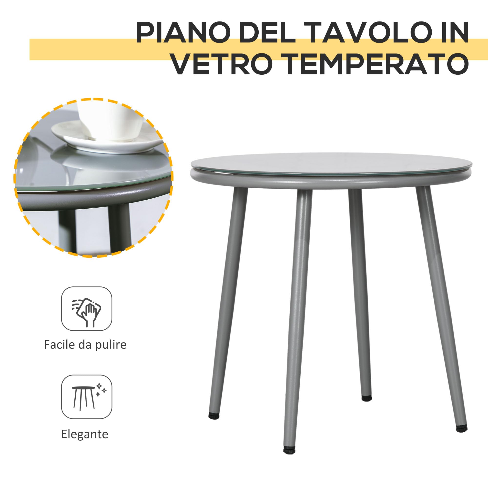 Outsunny 3-TLG. Rattan Bistroset, Sitzgruppe, Gartengarnitur mit 2 Gartensesseln, Couchtisch, Balkonmöbel-Set für Garten, Terrasse, Stahl, Grau