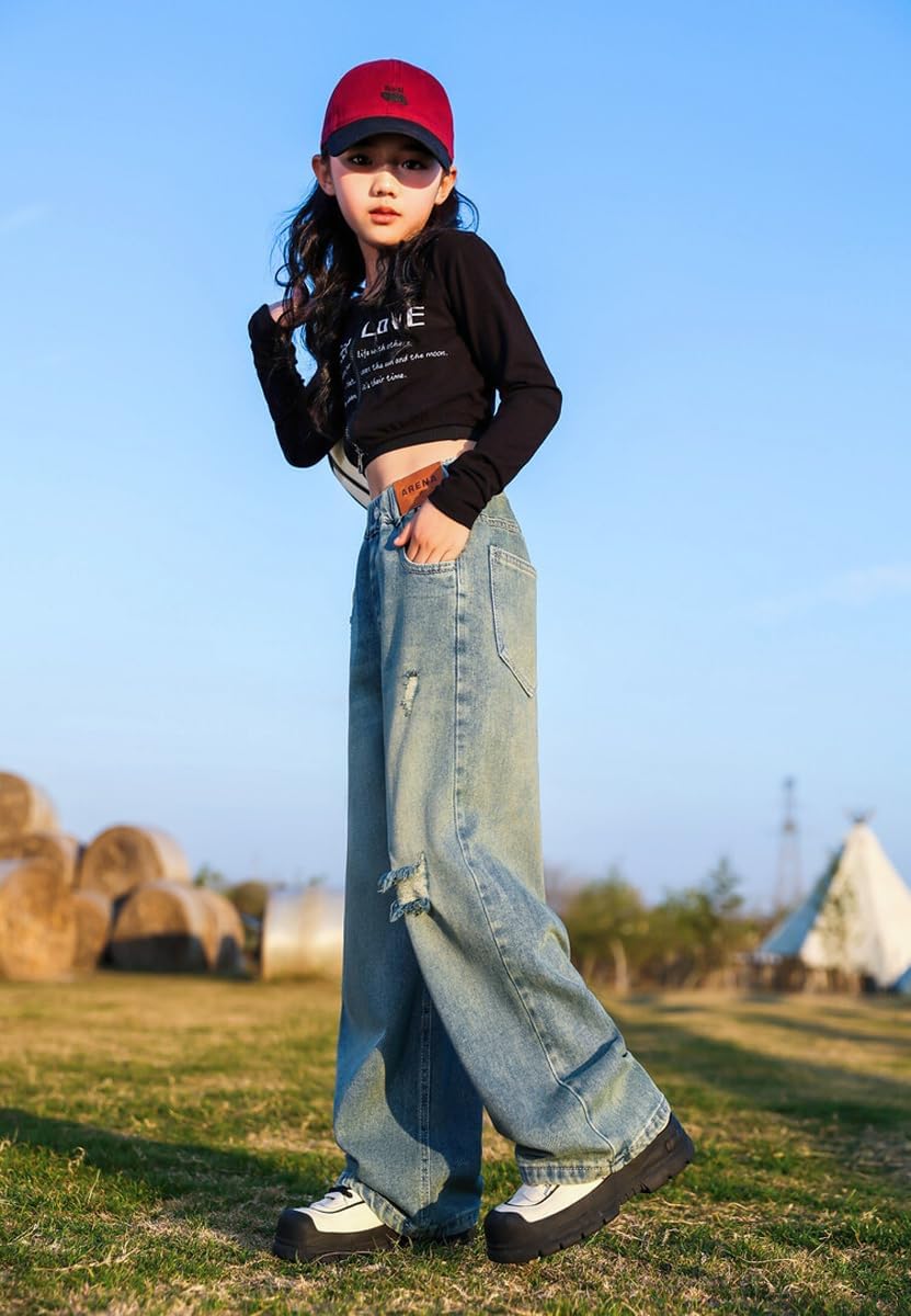 NABER Kids Girls Elastic Waist Cool Ripped Jeans Washed Denim Wide Leg Ripped Denim Jean Age 5-15 Years - Image 7