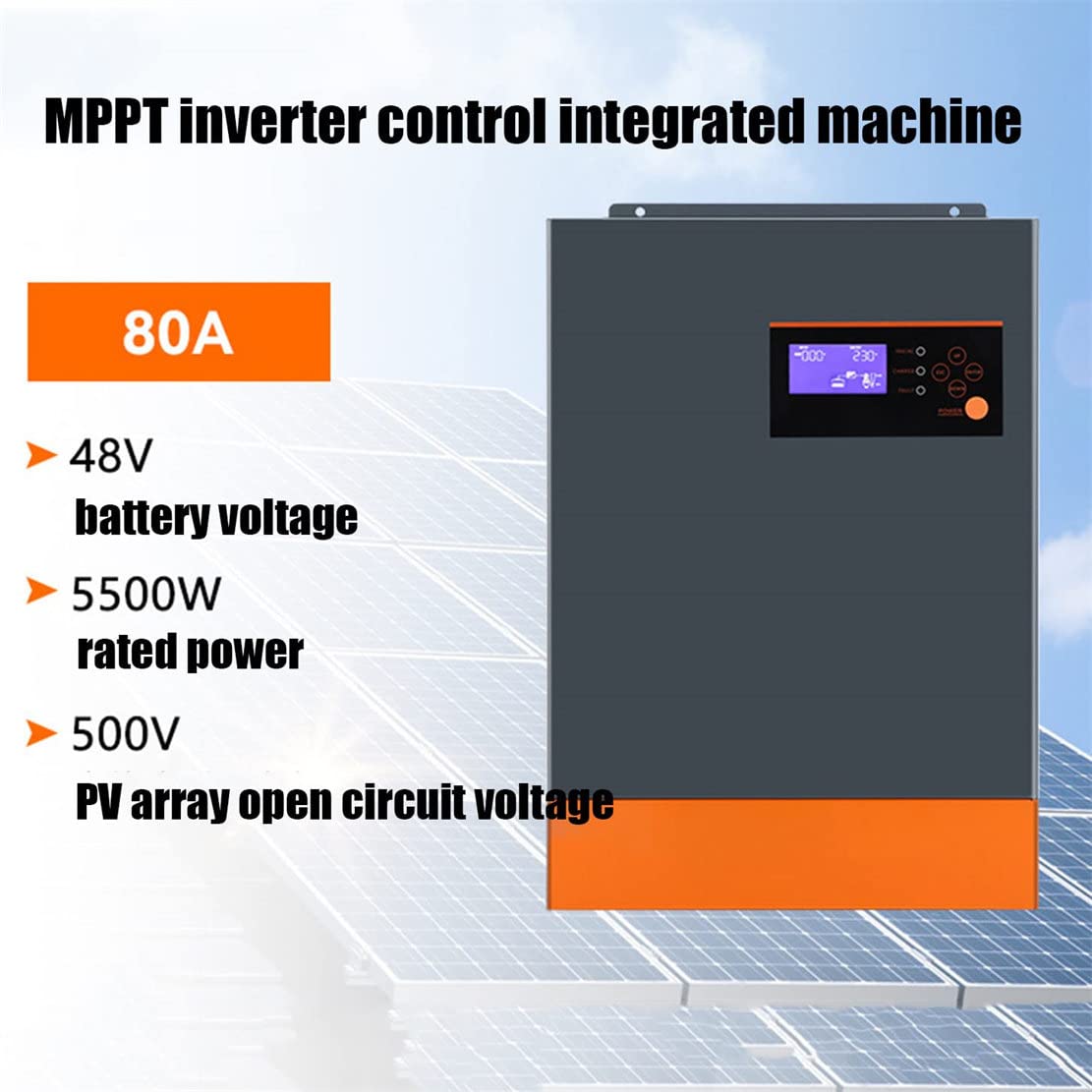 Hybrydowy inwerter solarny 5500 W, inwerter off-grid Hybrydowy inwerter sinusoidalny 48 V DC do 230 V AC, ładowarka 80 A Maks. wejście PV 500 V DC, inwerter wysokiej częstotliwości, przetwornica DC