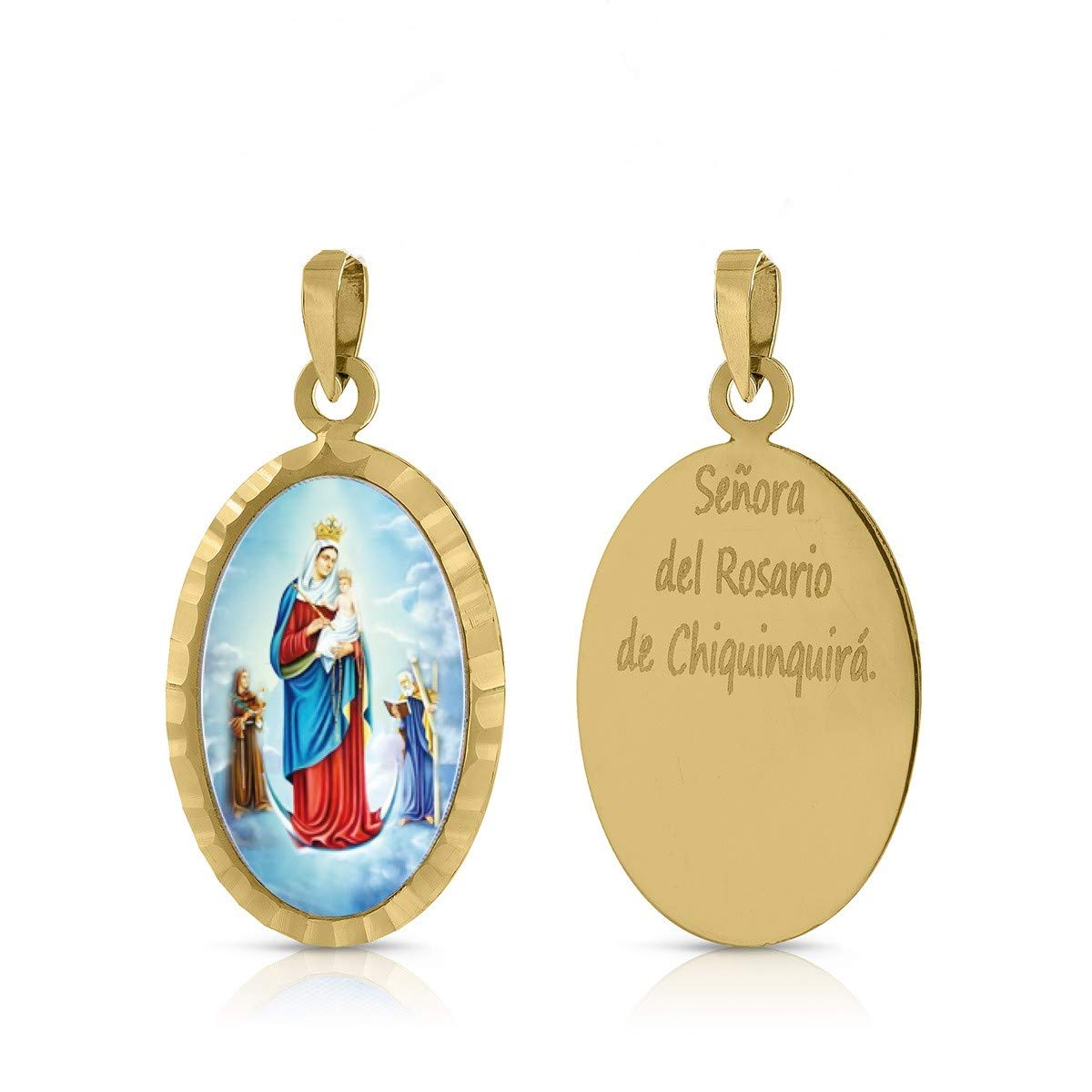 Medalla colgante Oro de Ley. Niña/Mujer. Virgen Rosario de Chiquinquirá. Medida 12x18 mm. Sin Cadena. (1-4930)