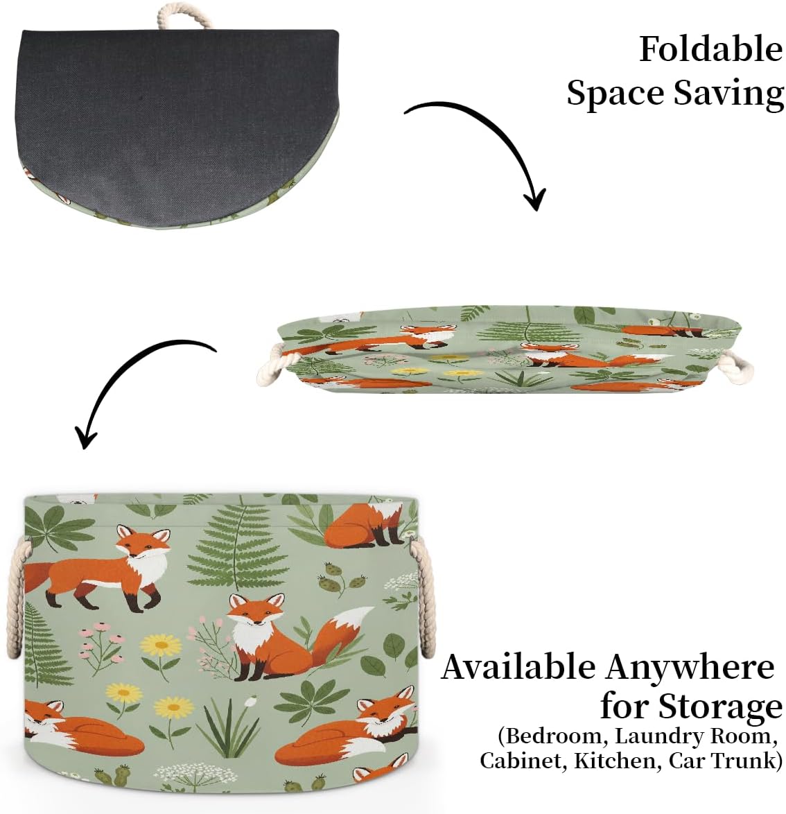 Large Storage Baskets - Red Foxes Forest Plants Nursery Round Collapsible Organizer Bin Box, Laundry Hamper for Kids Toys, Blanket, Bedroom Living Room Home Decor, Gift Basket, 19.4"x13.3"