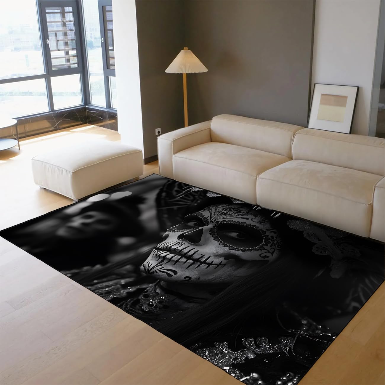 Tapis Jour des Morts noir et blanc style gothique de salon élégant