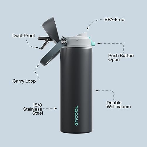 Miniatura 4 de ENCOOL Botella de agua aislada con popote, botella de agua de acero inoxidable con tapa de botón, a prueba de fugas y sin BPA, mantiene el frío