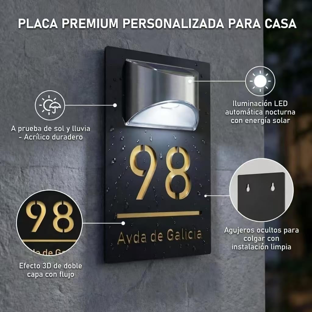 Número de Casa Solar LED Personalizado - Letrero de Dirección Iluminado con Luz Solar, Placa Acrílica Moderna, Regalo Ideal para Casa Nueva, Patio o Jardín(White-White)