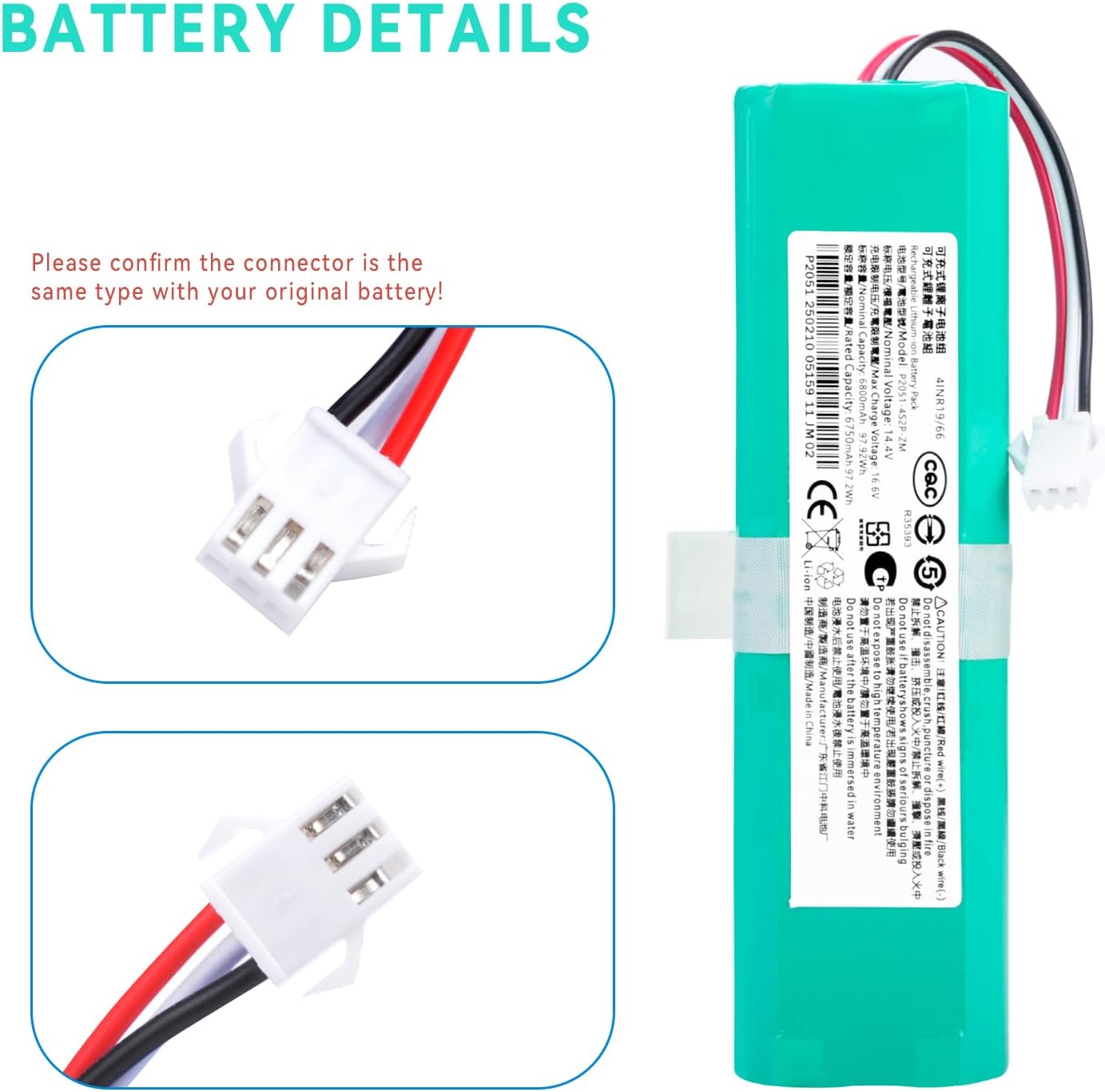 6800mAh Vacuum Battery Replacement for Coredy L900 L900W L900X, for Proscenic M6 M7 M8, for Uoni S1 V980 Pro, for Neabot N2 Kyvol Cybovac S31, for Airrobo T9+ T10+ T9, for Onson J30 Pro Vacuum Cleaner