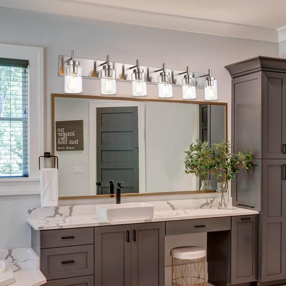 VINLUZ Bathroom Vanity Light Fixture Brushed Nickel with Clear Glass 6-Light Modern Wall Lighting Industrial Indoor Sconces Wall Mounted Lamp for Bedroom Kitchen (Patent No.: US D958,438 S)